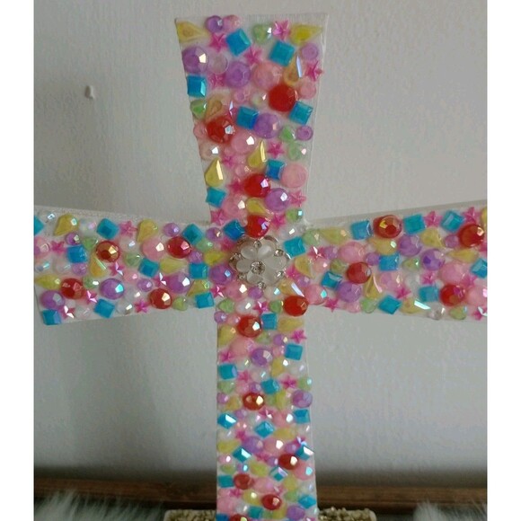 Handmade Colorful Jeweled Cross 9" X 6 1/2" Spiritual Religious Modern Gift New - Picture 2 of 5